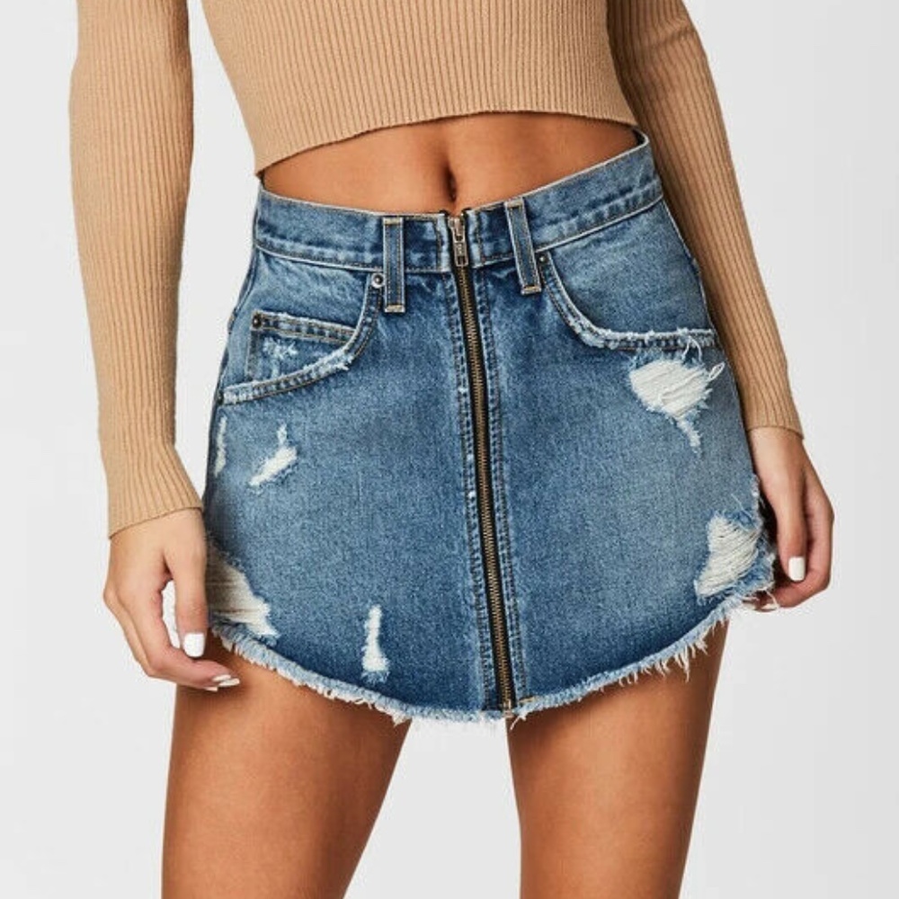 CARMAR Zip Front Distressed Beatrice Denim Skirt